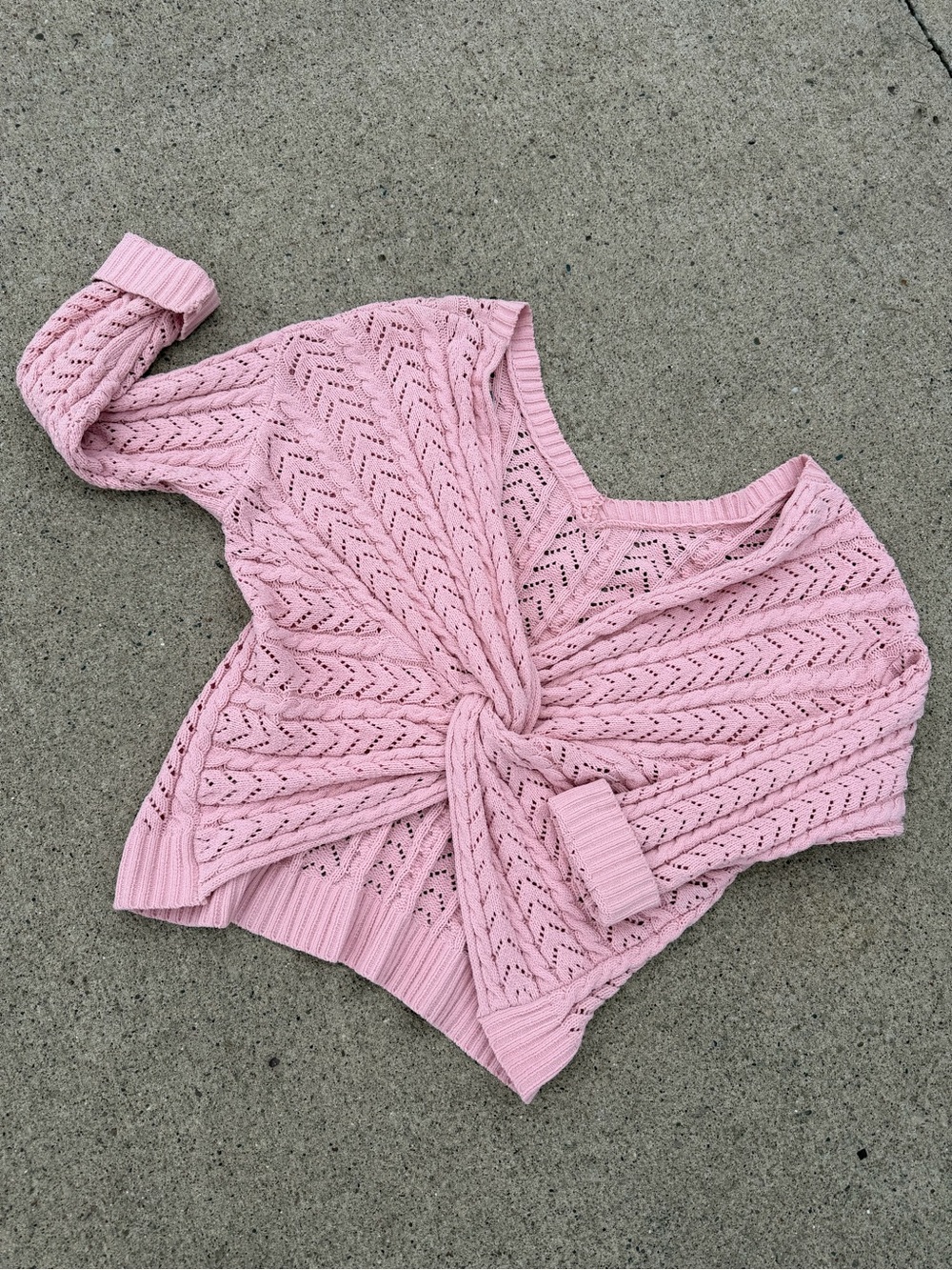 Knot-Front Light Pink Openwork Knit Sweater